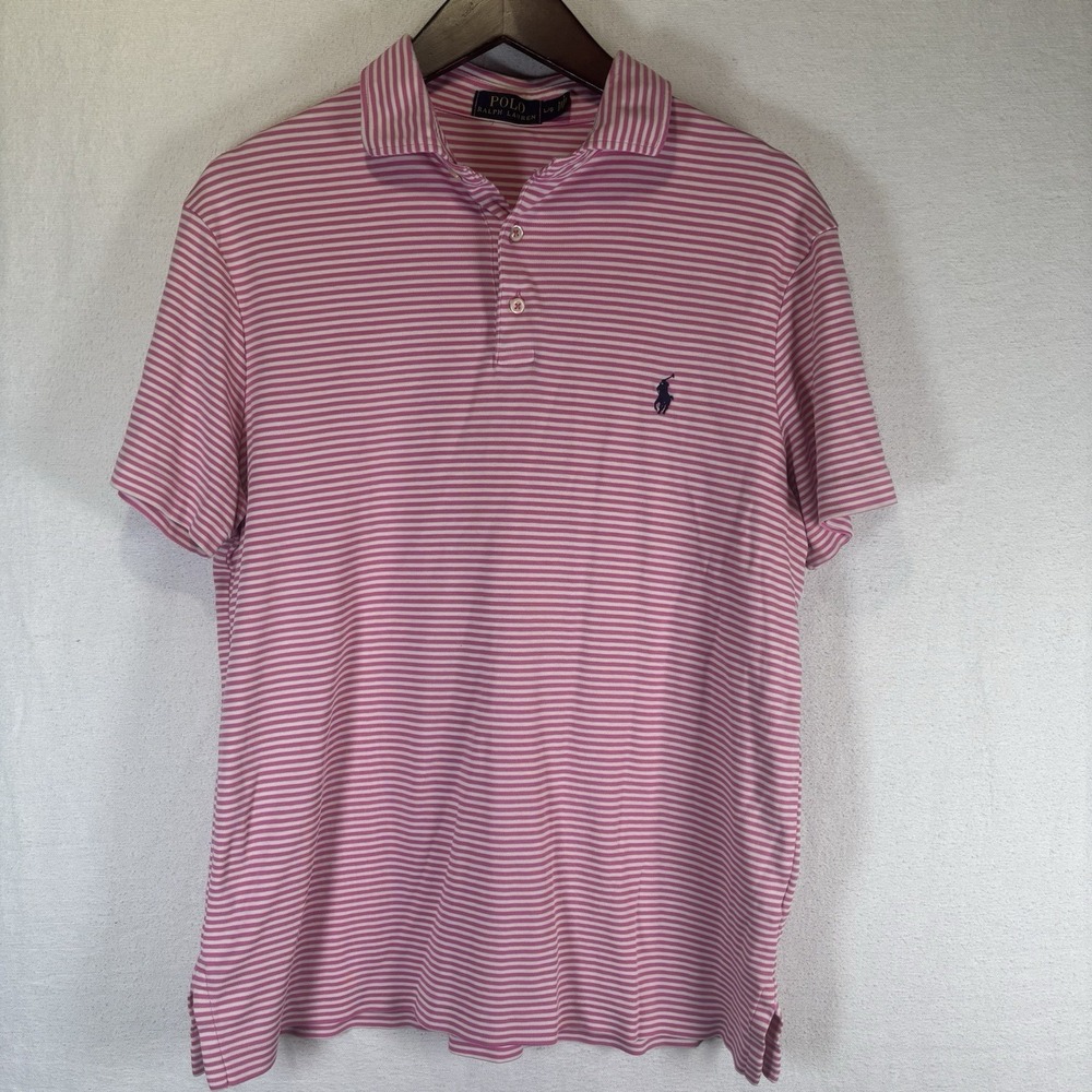 Polo Ralph Lauren Polo Shirt Men's Sz L Pink Striped Short Sleeve Pocket Beach